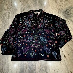 VTG Units Sz L Linen Blend Colorful Embroidered Paisley All Over Button Blouse